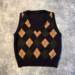 Brandy Melville Argyle V Neck Sweater Vest Navy Green Tan Women XXS